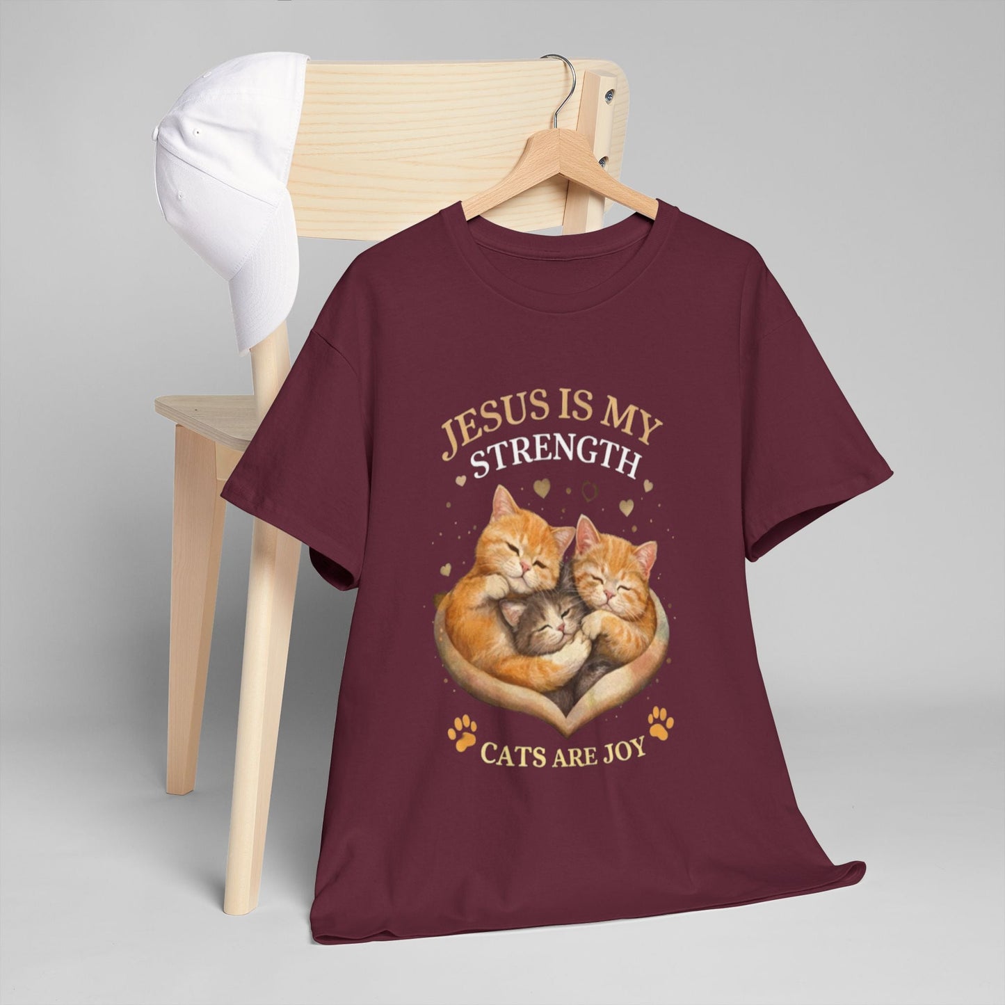 Christian Cat T-Shirt — Jesus Is My Strength, Cats Are Joy Comfort Tee