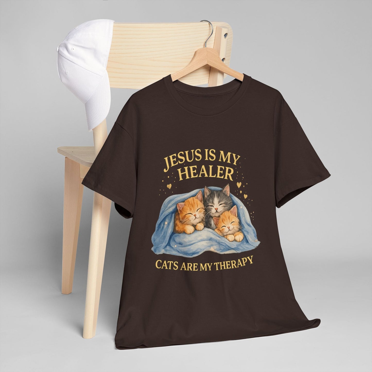 Christian Cat T-Shirt — Jesus Is My Healer, Cats Are My Therapy Cute Faith & Pet Tee