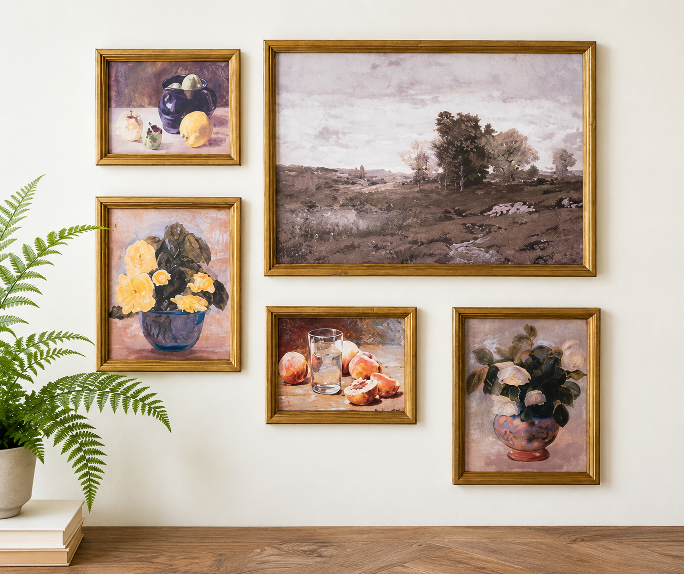Set of 5 Framed Vintage Art Prints | Cottagecore Gallery Wall | French Country Floral & Landscape Decor
