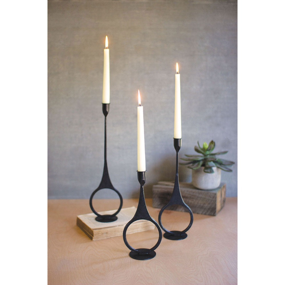 Set of 3 Cast Iron Taper Candle Holders with Ring Detail