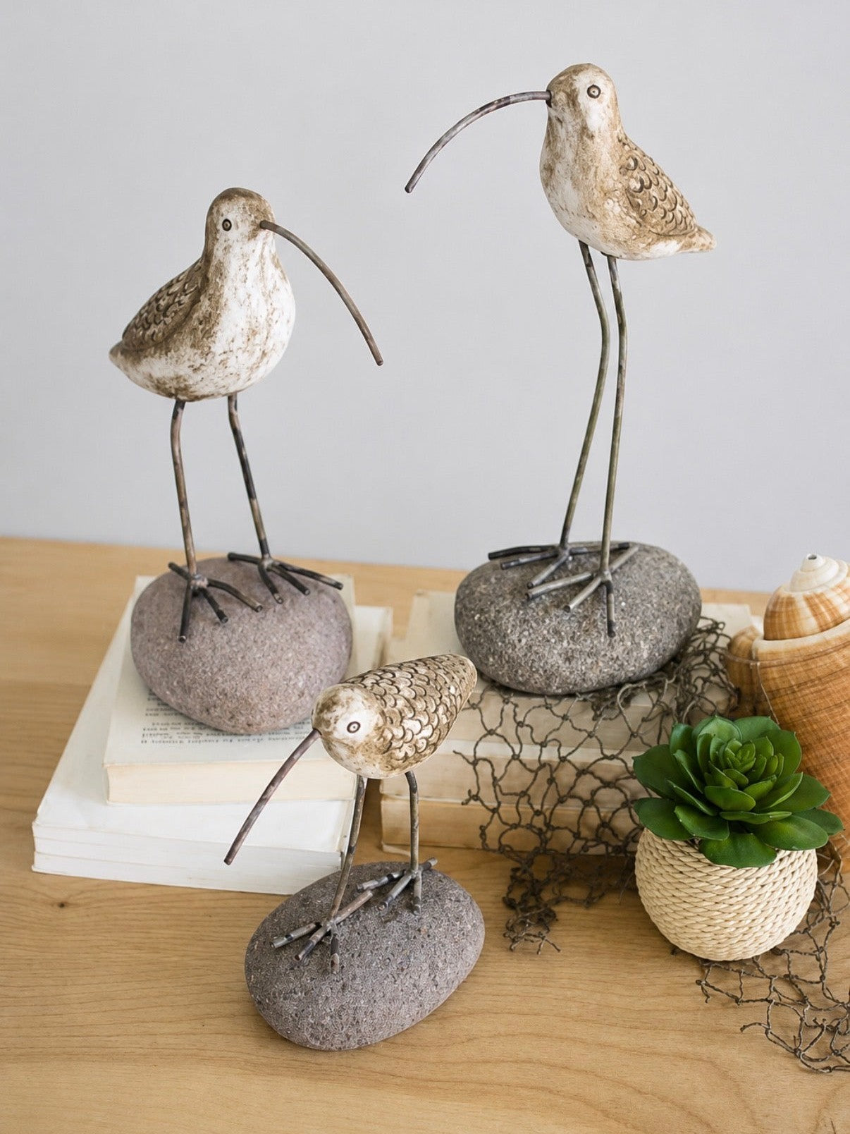 Set of 3 Painted Clay Shore Birds on Rock Bases