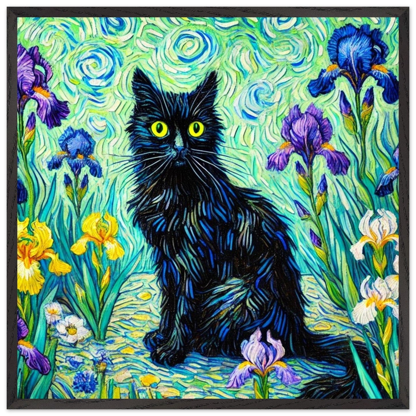 Van Gogh-Inspired Black Cat Framed - Vibrant Iris Garden Fine Art Print