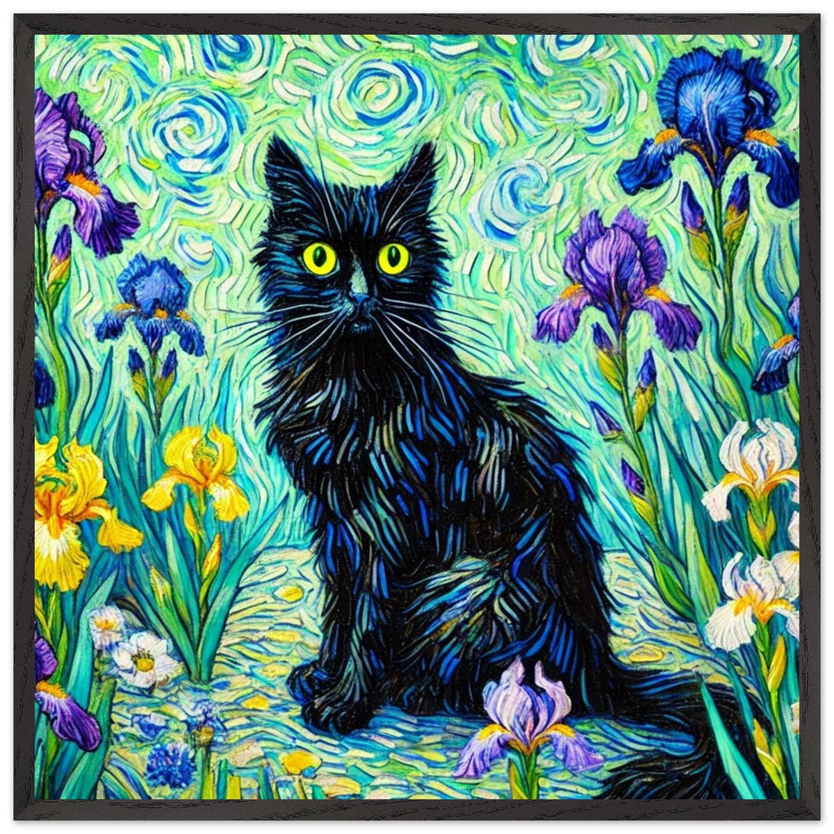 Gatto Nero Ispirato a Van Gogh Incorniciato - Stampa Artistica Giardino di Iris Vibrante