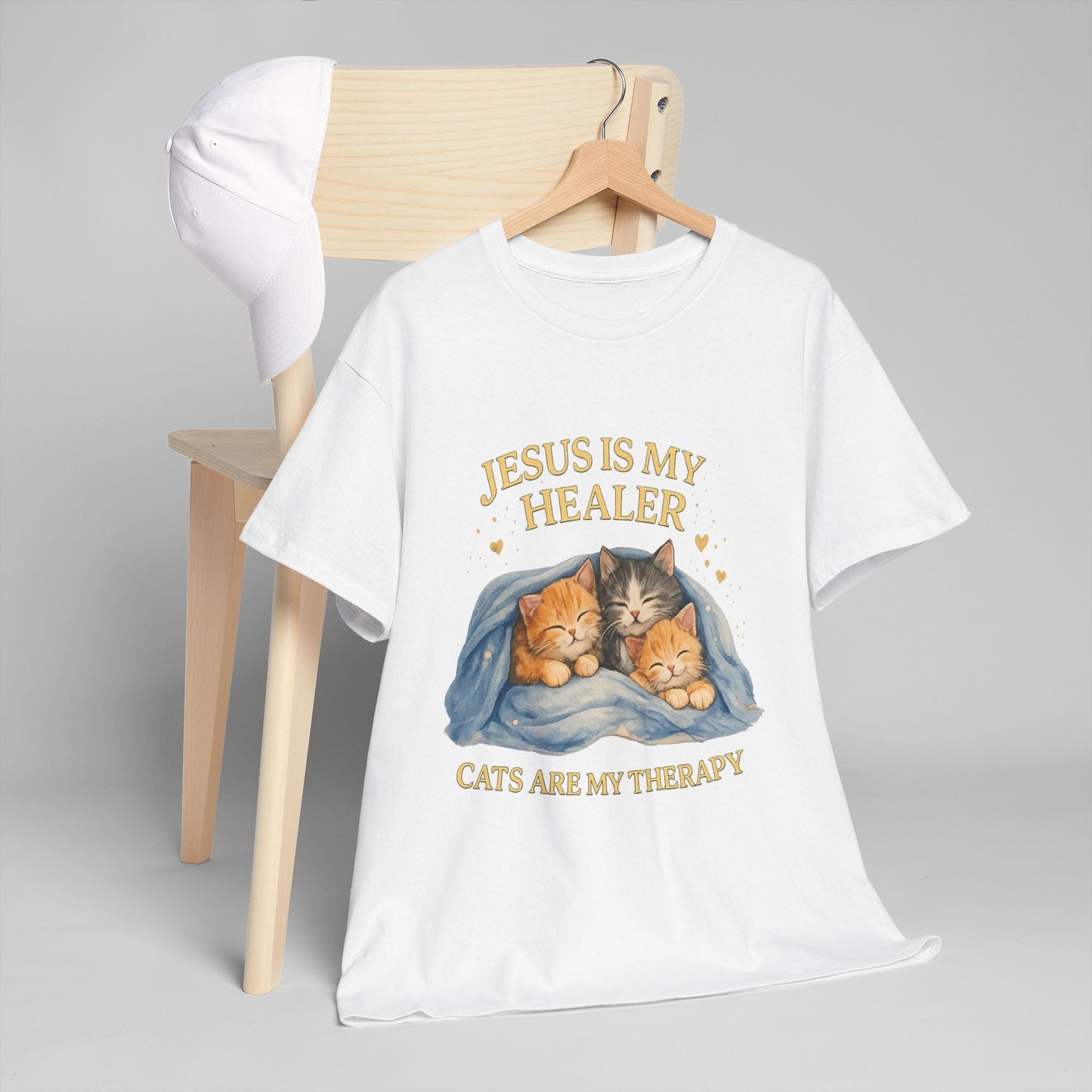 Christian Cat T-Shirt — Jesus Is My Healer, Cats Are My Therapy Cute Faith & Pet Tee
