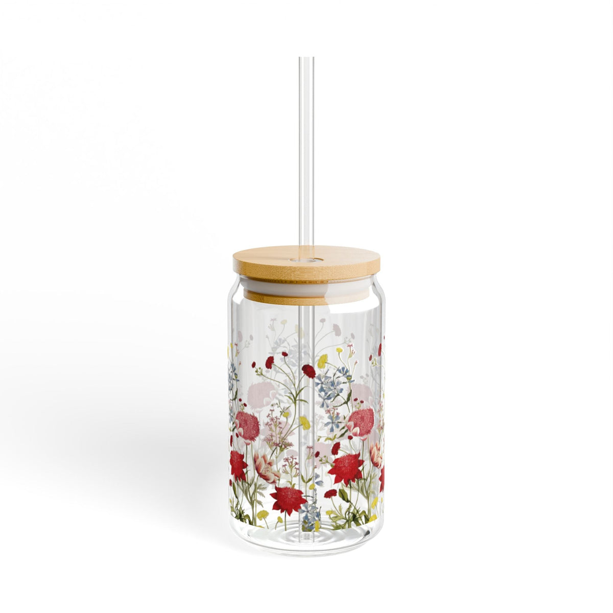 Bicchiere Fatto a Mano con Motivo Floreale e Cannuccia, con Fiori Selvatici ad Acquerello – Delicato Set da Tavola per Amanti della Natura