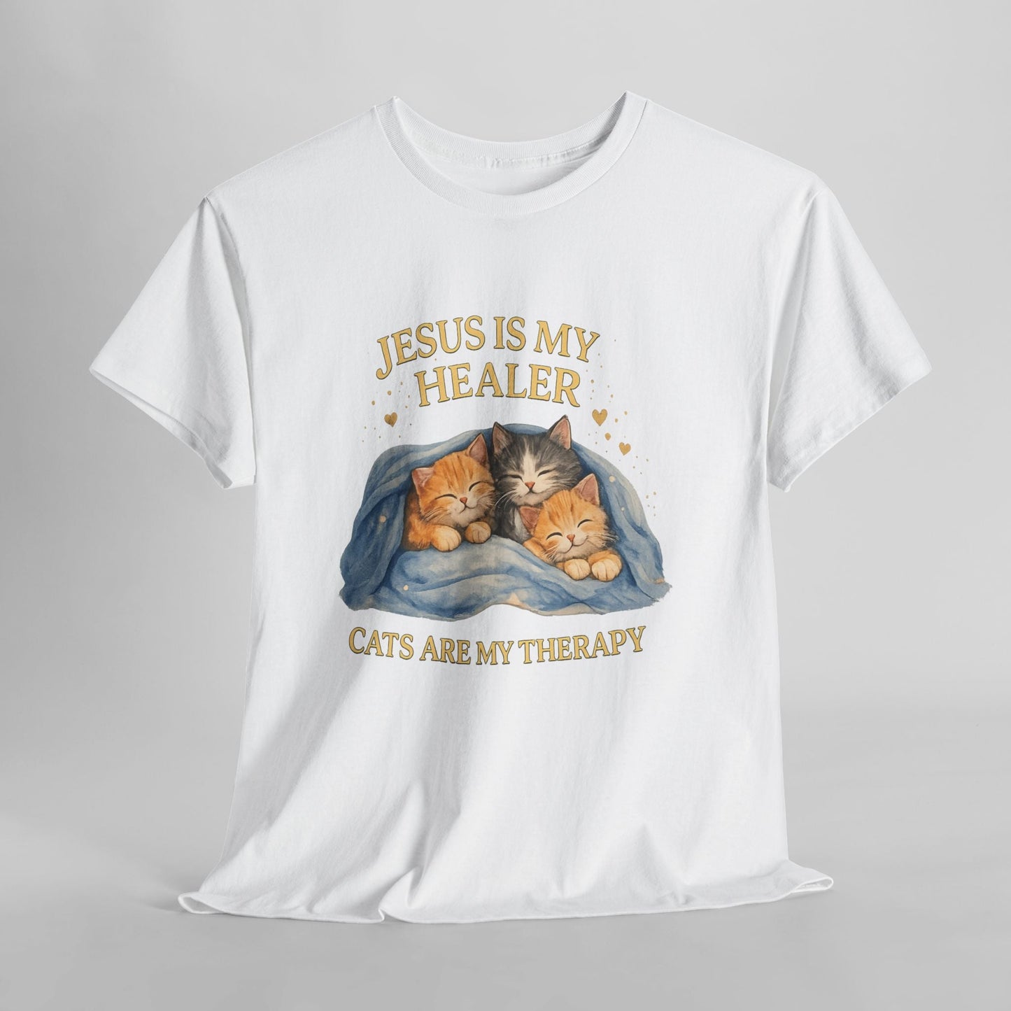 Christian Cat T-Shirt — Jesus Is My Healer, Cats Are My Therapy Cute Faith & Pet Tee