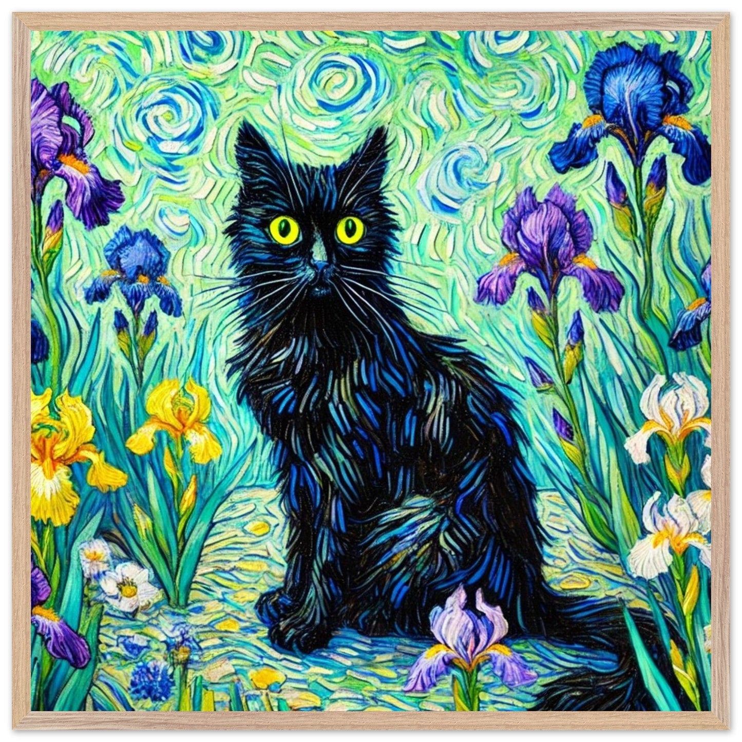 Van Gogh-Inspired Black Cat Framed - Vibrant Iris Garden Fine Art Print