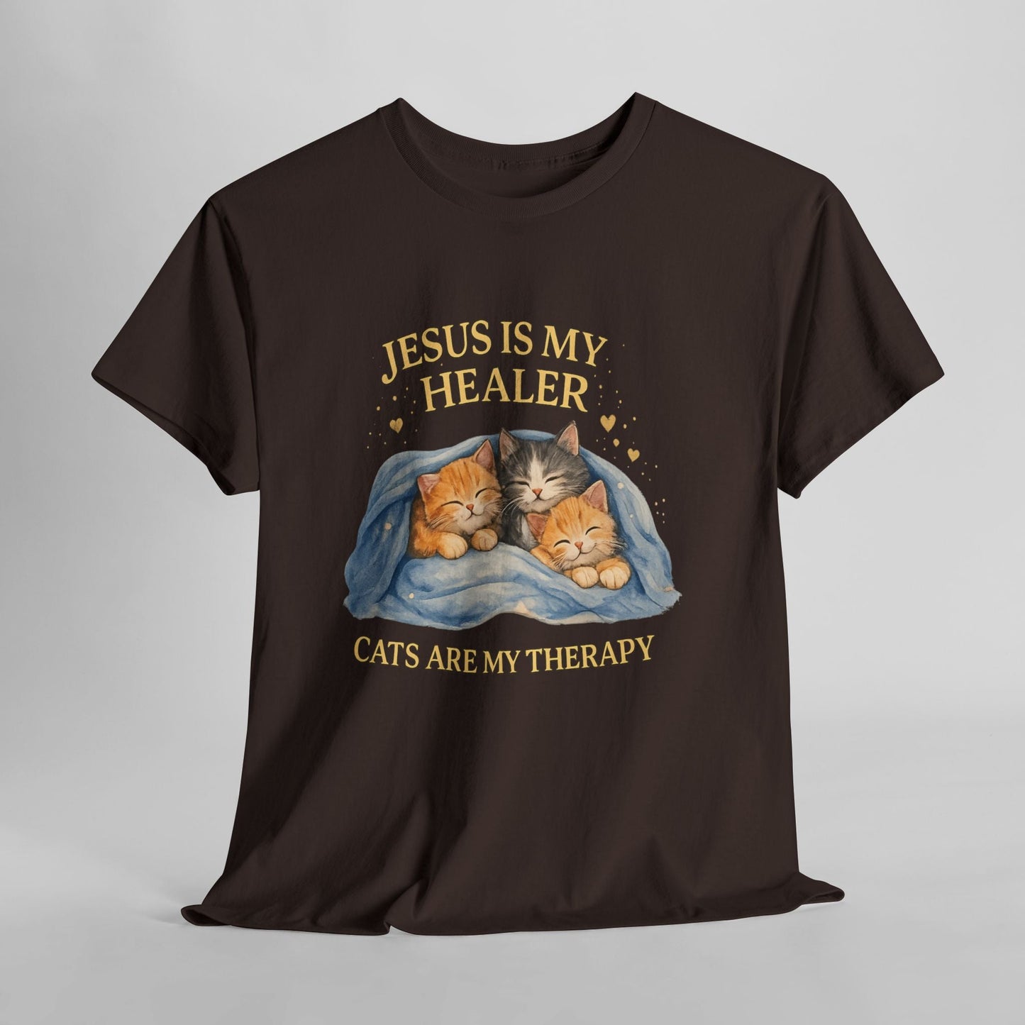 Christian Cat T-Shirt — Jesus Is My Healer, Cats Are My Therapy Cute Faith & Pet Tee