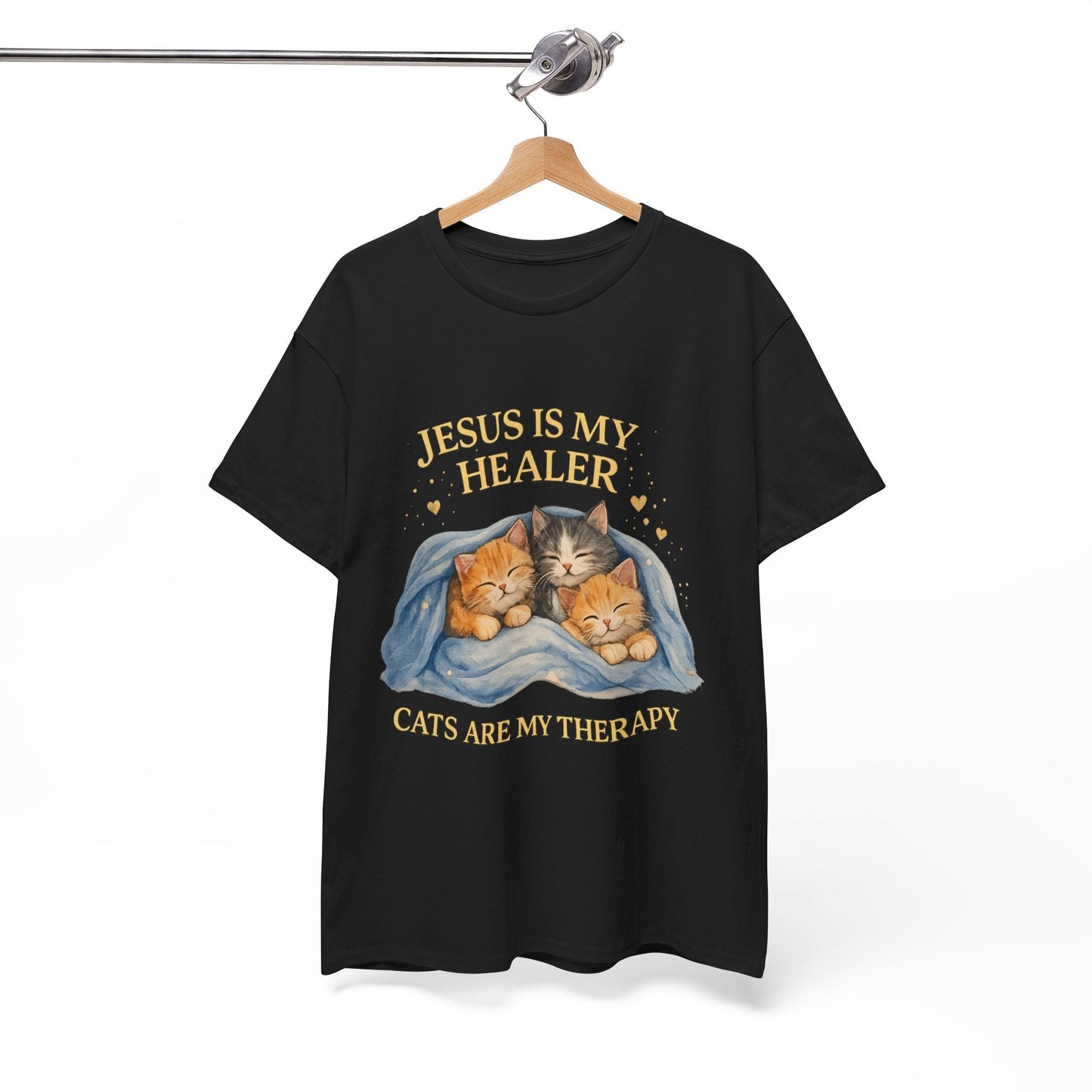 Christian Cat T-Shirt — Jesus Is My Healer, Cats Are My Therapy Cute Faith & Pet Tee