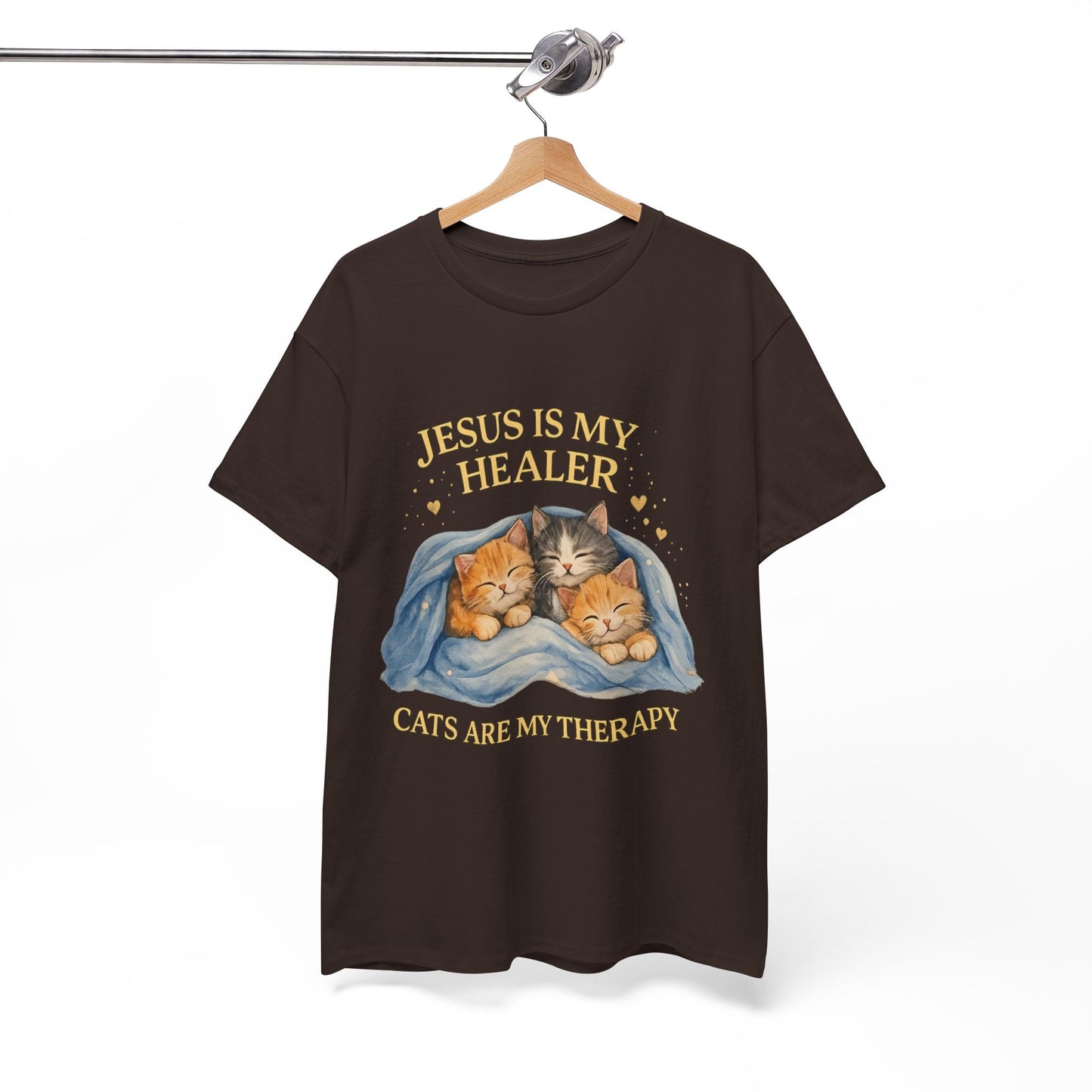 Christian Cat T-Shirt — Jesus Is My Healer, Cats Are My Therapy Cute Faith & Pet Tee