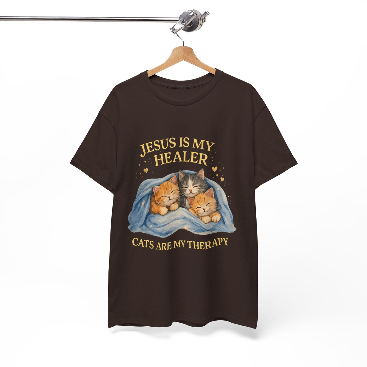 T-Shirt Gatto Cristiano — Gesù è il mio Guaritore, i Gatti sono la mia Terapia Maglietta Carina per la Fede e gli Animali Domestici