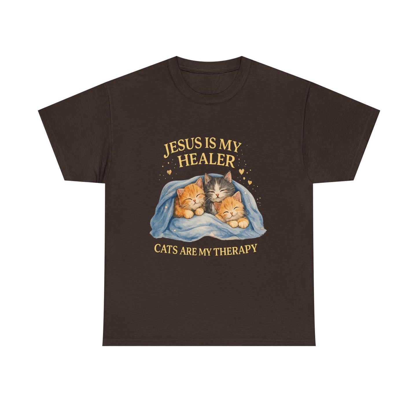 Christian Cat T-Shirt — Jesus Is My Healer, Cats Are My Therapy Cute Faith & Pet Tee