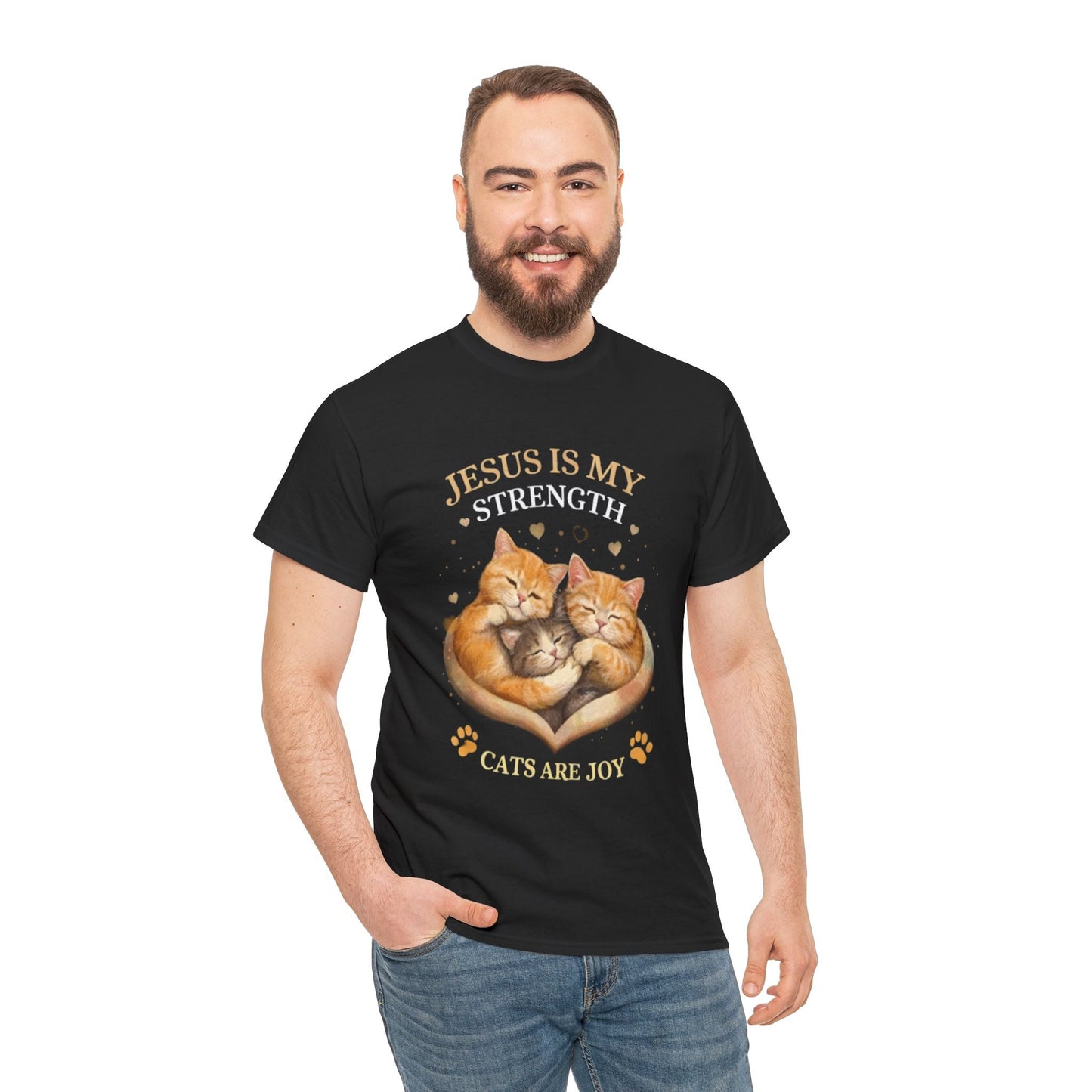 Christian Cat T-Shirt — Jesus Is My Strength, Cats Are Joy Comfort Tee