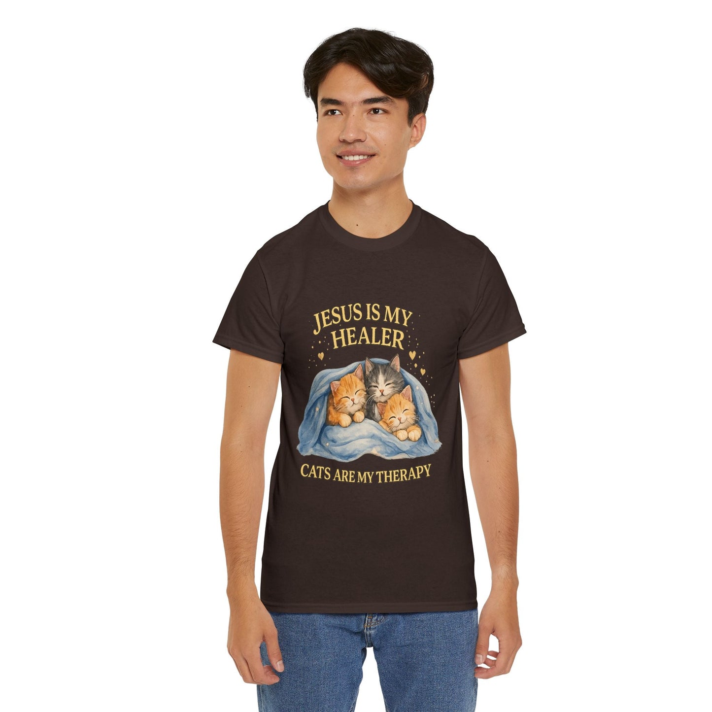 Christian Cat T-Shirt — Jesus Is My Healer, Cats Are My Therapy Cute Faith & Pet Tee
