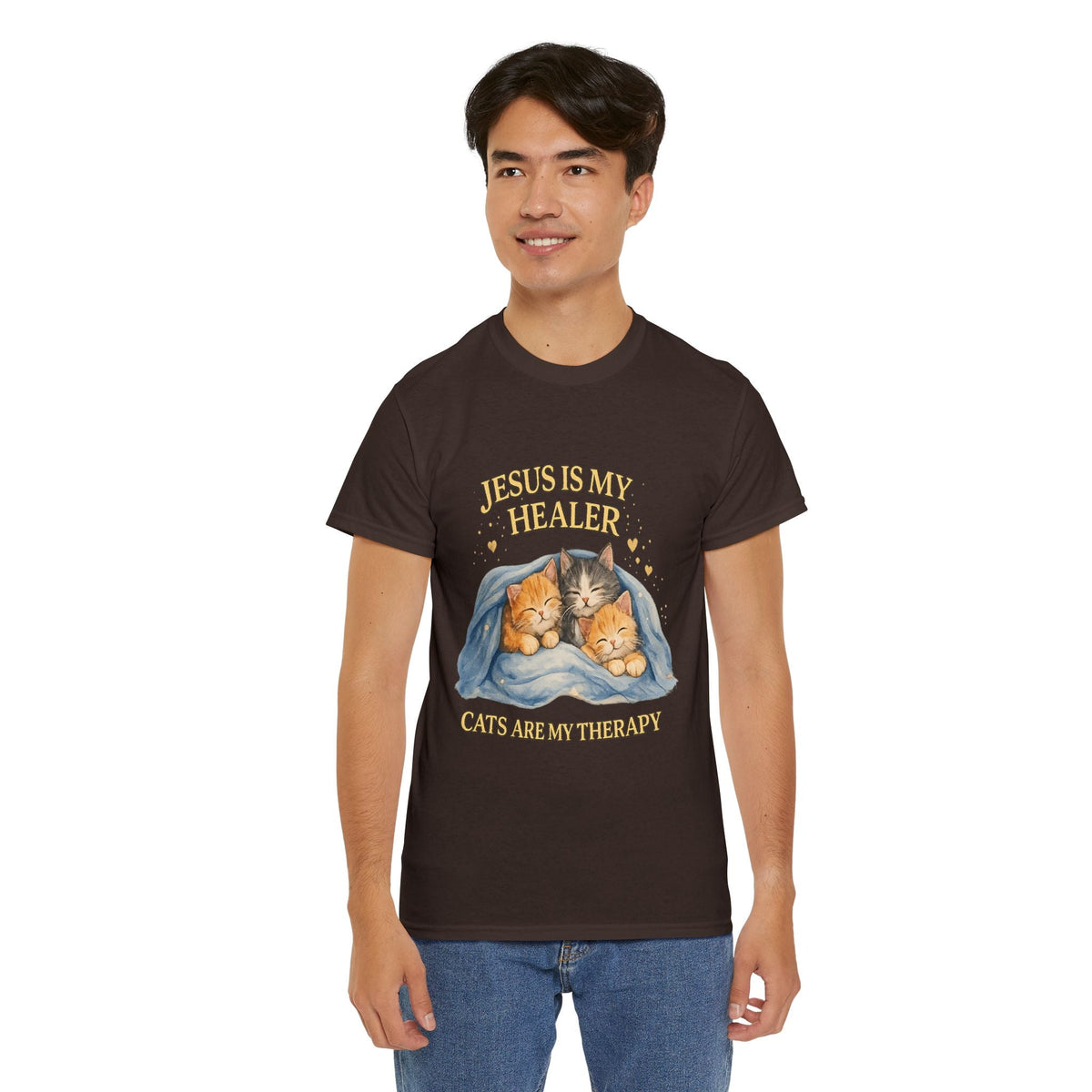 T-Shirt Gatto Cristiano — Gesù è il mio Guaritore, i Gatti sono la mia Terapia Maglietta Carina per la Fede e gli Animali Domestici