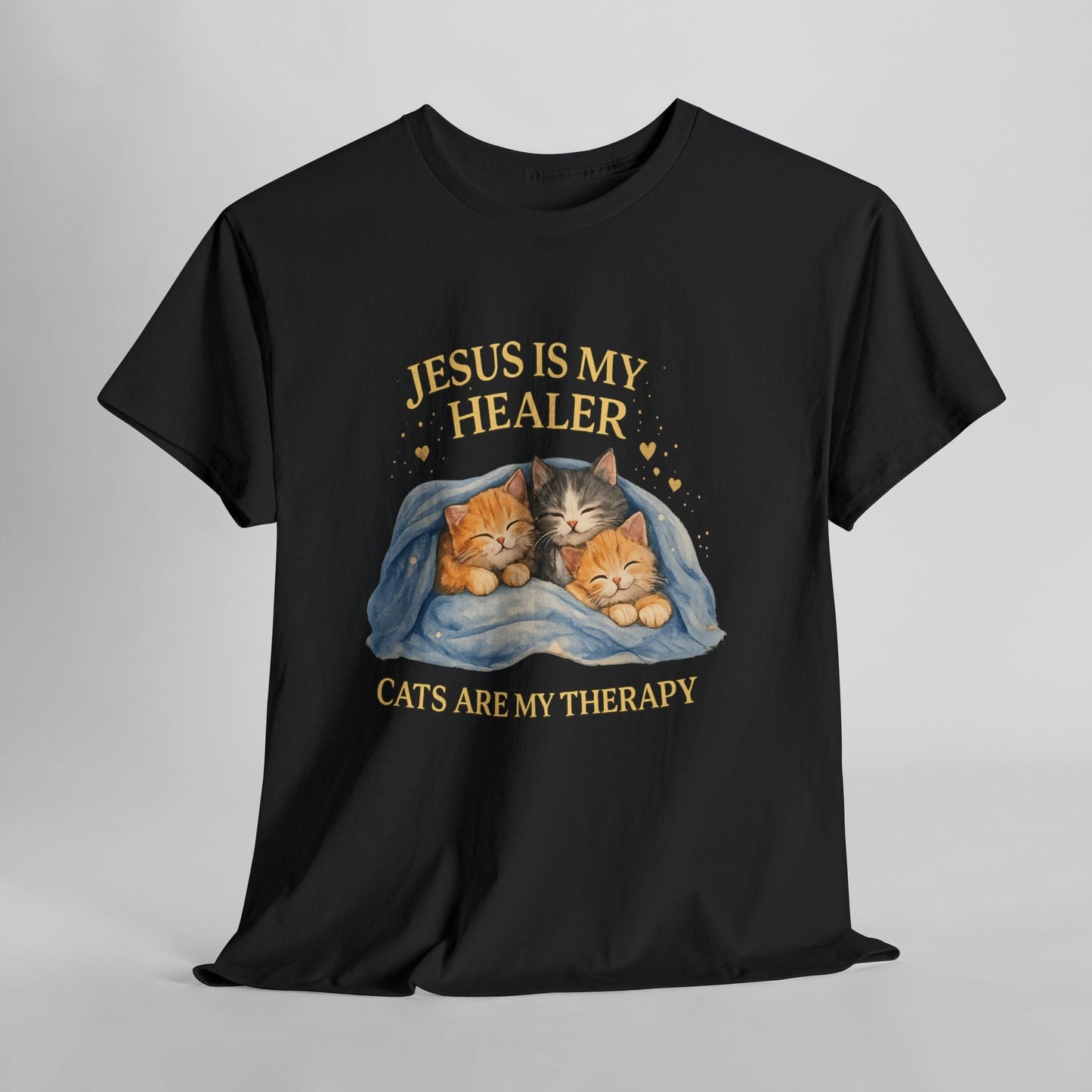 Christian Cat T-Shirt — Jesus Is My Healer, Cats Are My Therapy Cute Faith & Pet Tee