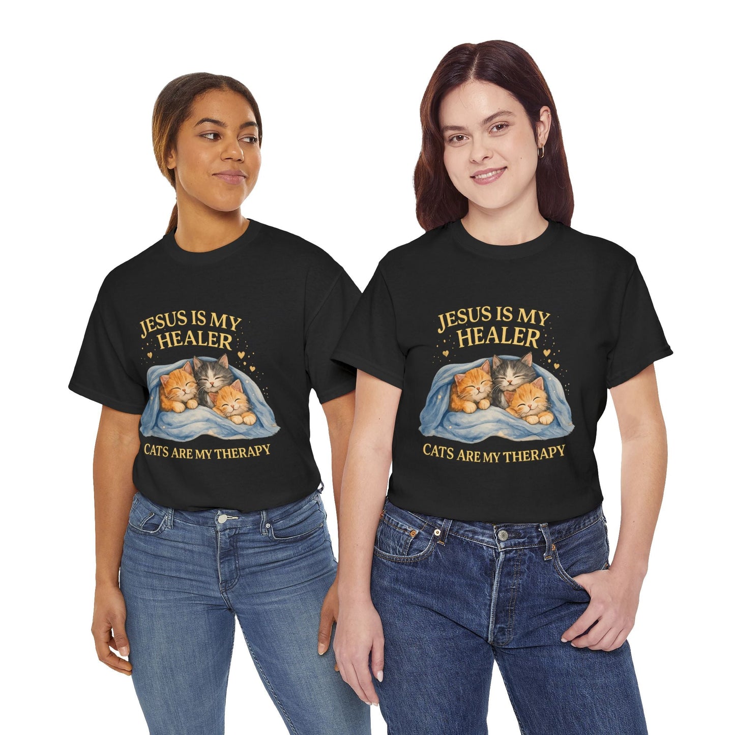 Christian Cat T-Shirt — Jesus Is My Healer, Cats Are My Therapy Cute Faith & Pet Tee