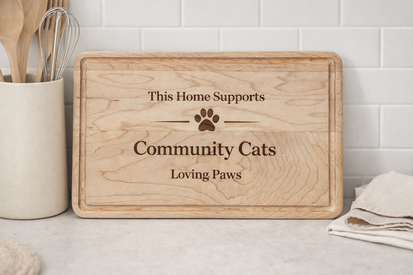 Engraved Cat Rescue Wooden Cutting Board  “This Home Supports Community Cats”