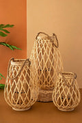 Set di 3 Lanterne in Salice Naturale con Inserto in Vetro