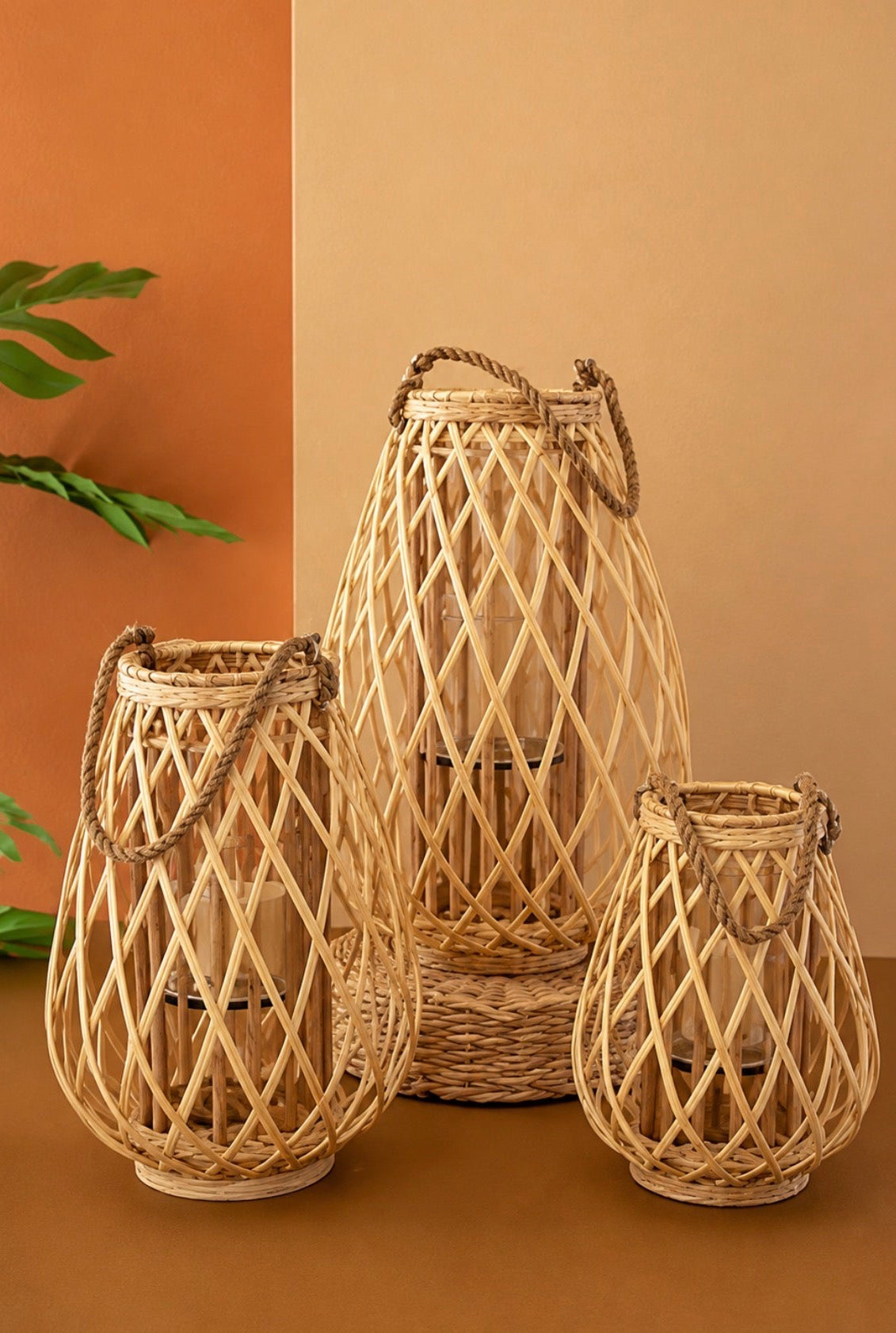Set of 3 Natural Willow Lanterns with Glass Insert
