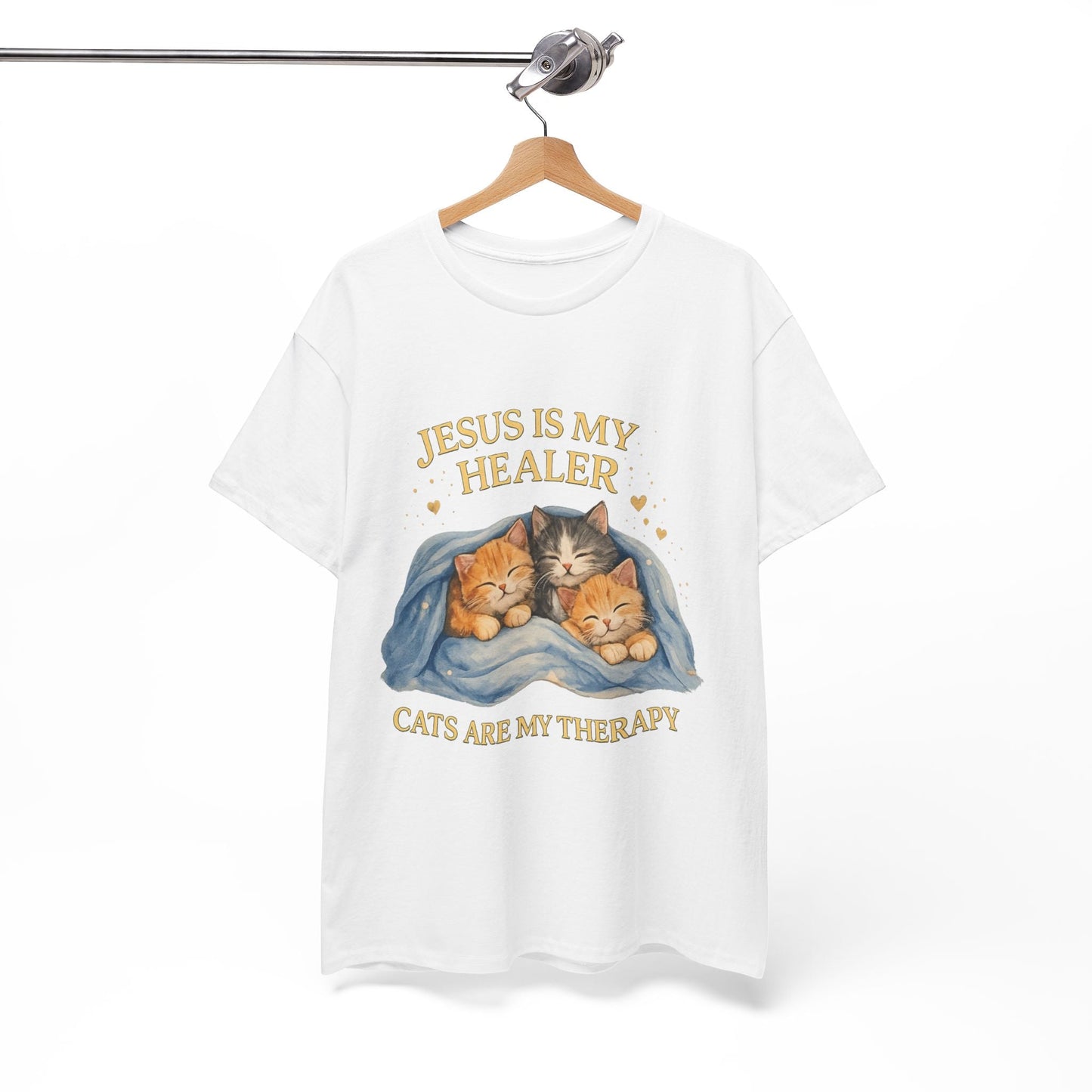 Christian Cat T-Shirt — Jesus Is My Healer, Cats Are My Therapy Cute Faith & Pet Tee