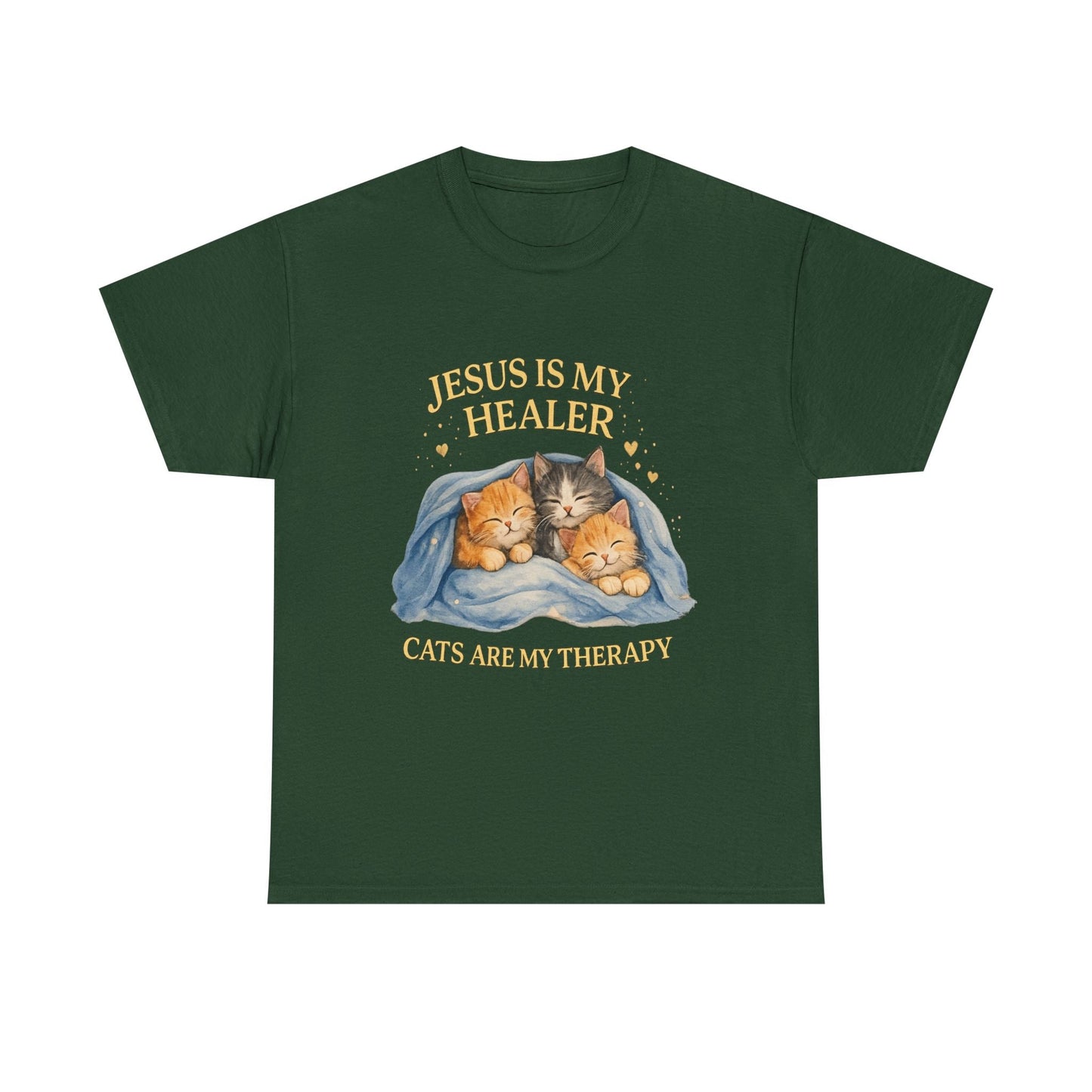 Christian Cat T-Shirt — Jesus Is My Healer, Cats Are My Therapy Cute Faith & Pet Tee