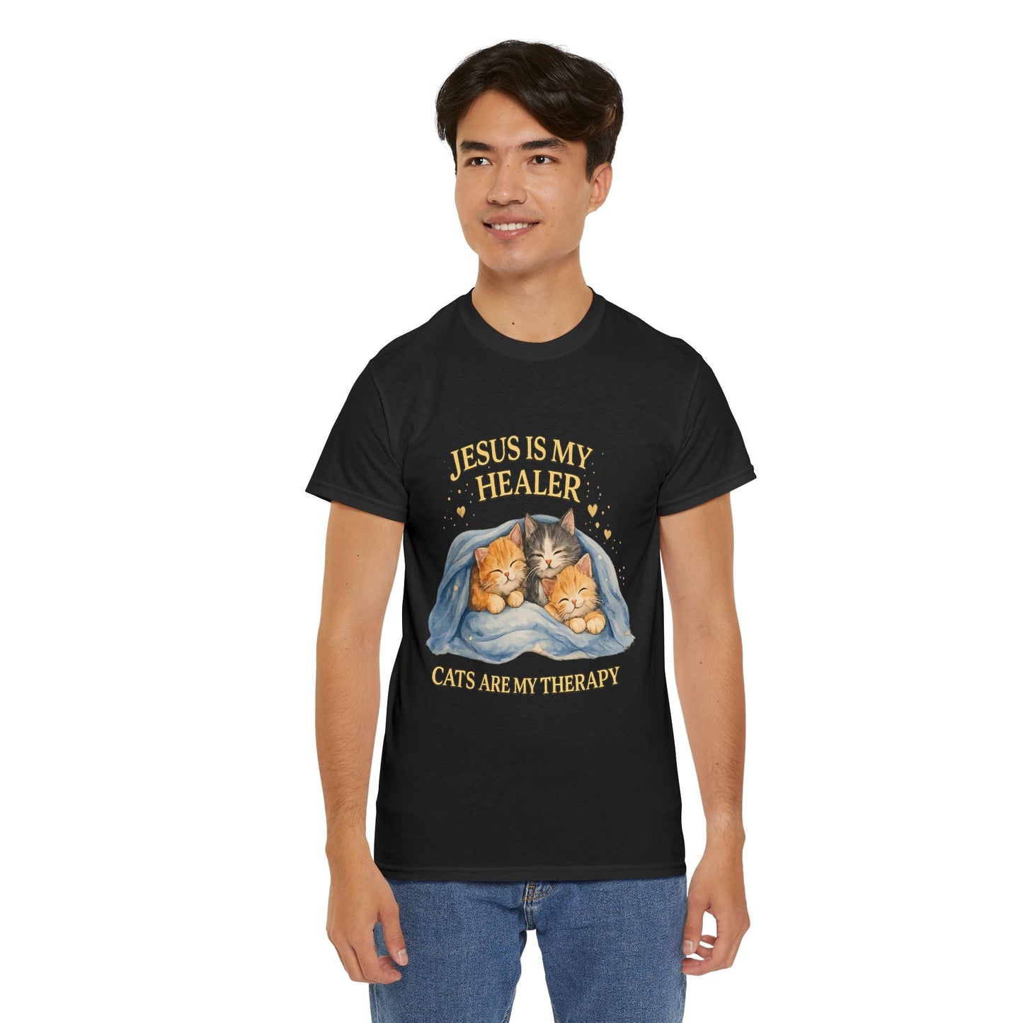 Christian Cat T-Shirt — Jesus Is My Healer, Cats Are My Therapy Cute Faith & Pet Tee