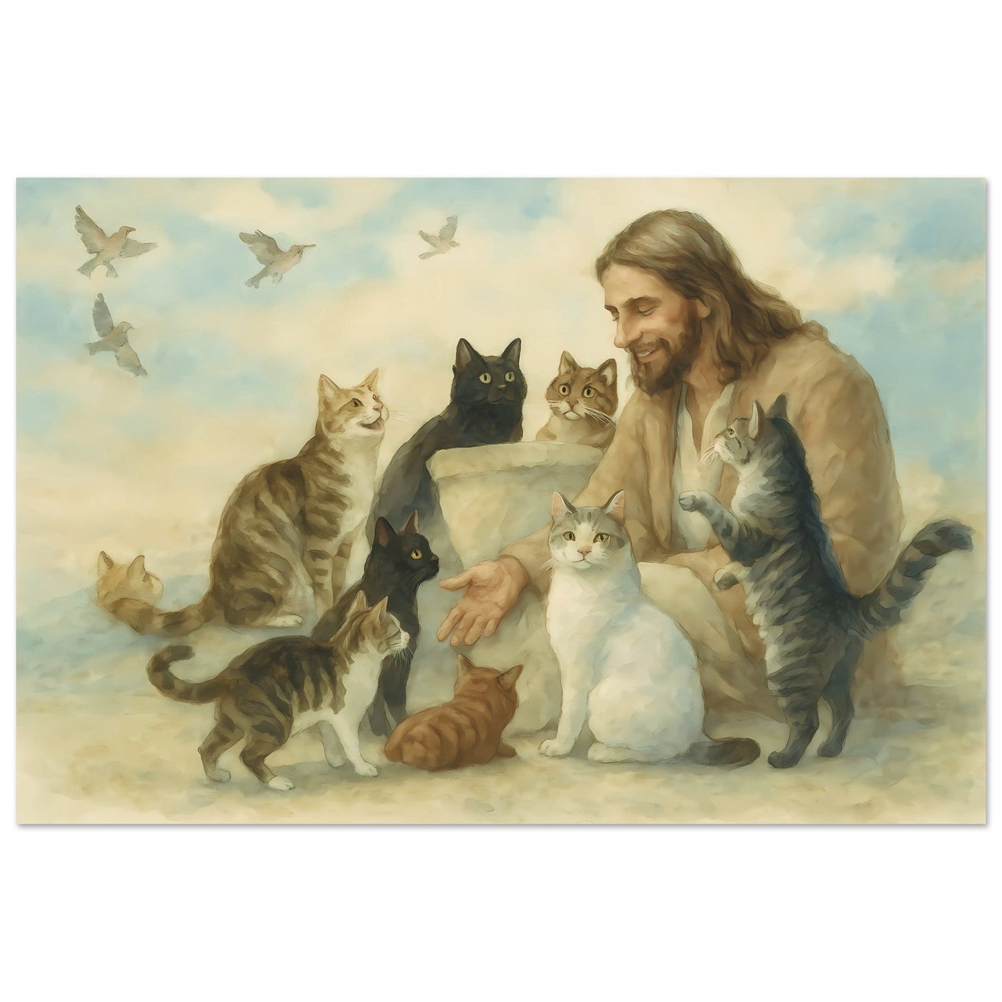 Jesus and the Cats – Peaceful Watercolor Landscape Print