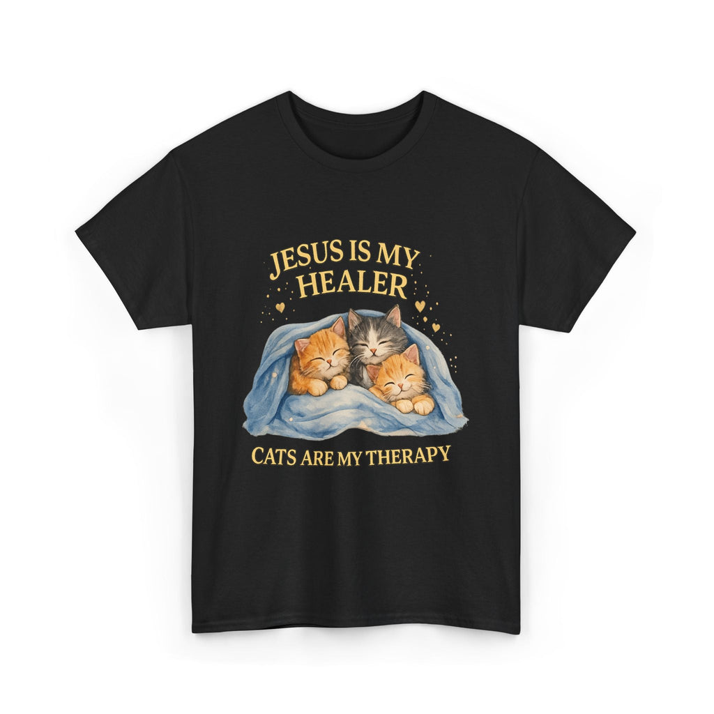 T-Shirt Gatto Cristiano — Gesù è il mio Guaritore, i Gatti sono la mia Terapia Maglietta Carina per la Fede e gli Animali Domestici