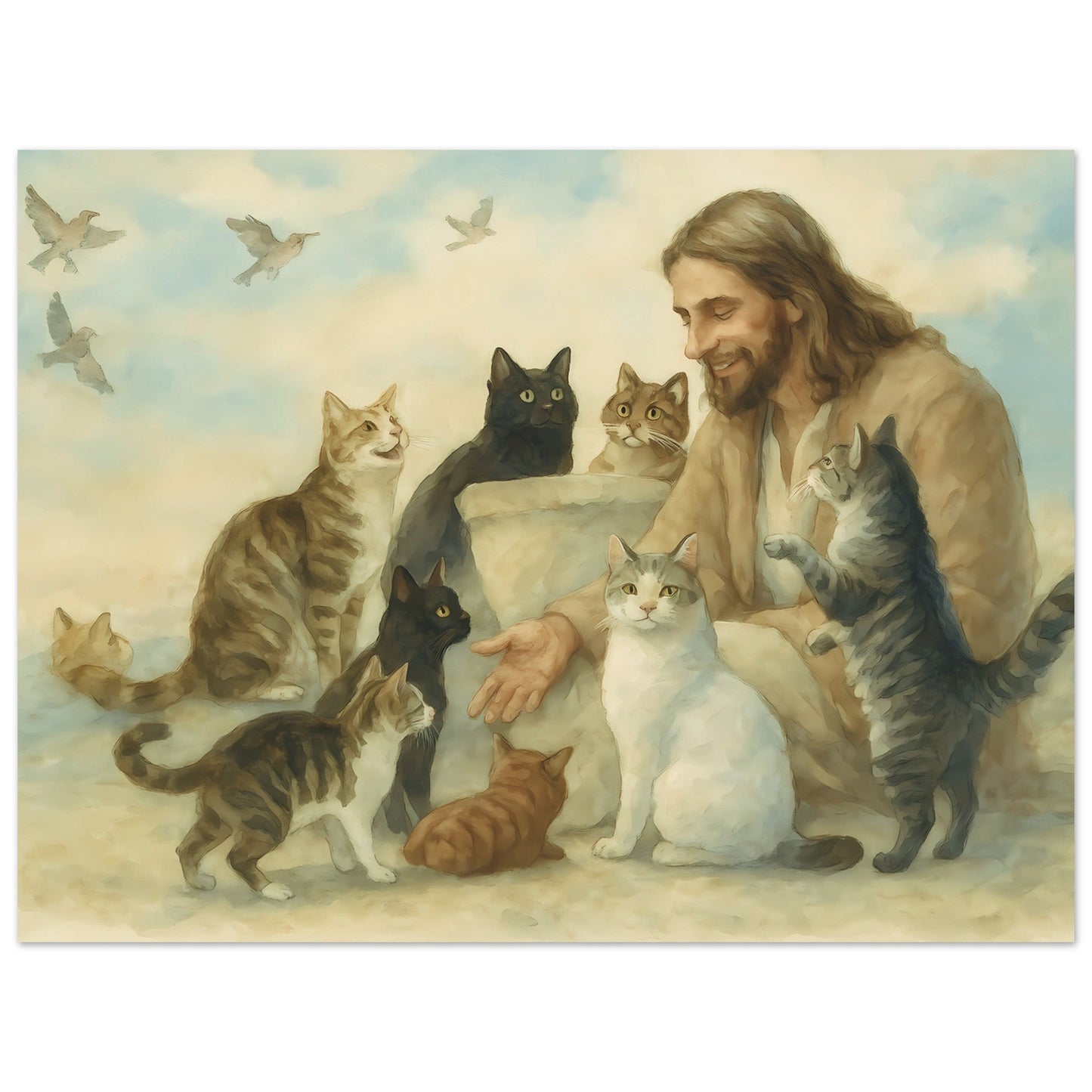 Jesus and the Cats – Peaceful Watercolor Landscape Print
