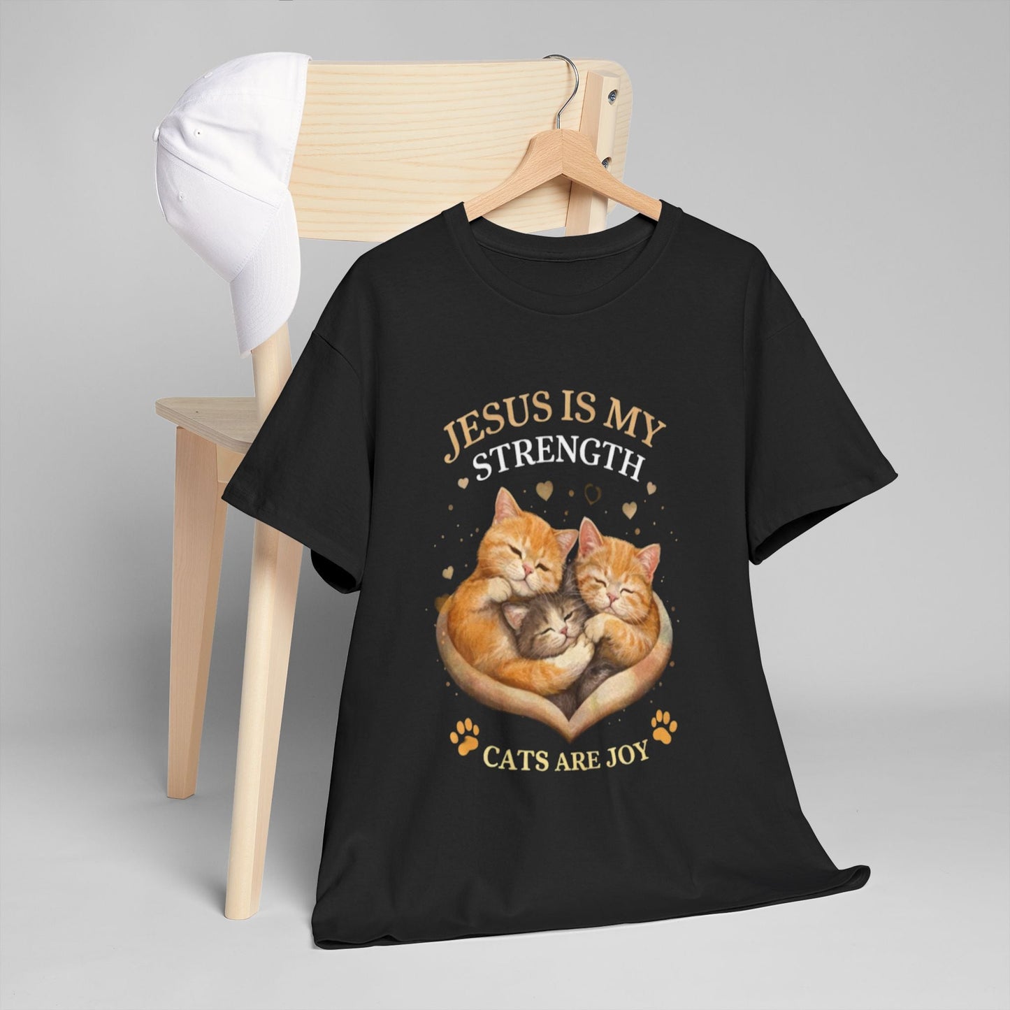 Christian Cat T-Shirt — Jesus Is My Strength, Cats Are Joy Comfort Tee