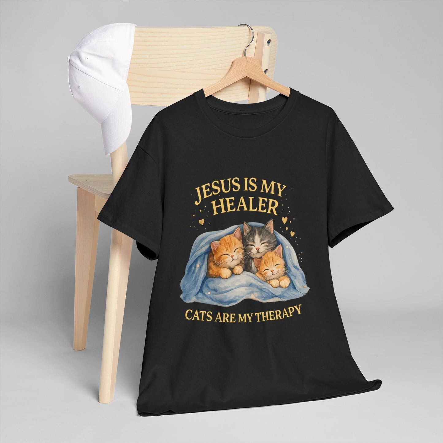 Christian Cat T-Shirt — Jesus Is My Healer, Cats Are My Therapy Cute Faith & Pet Tee