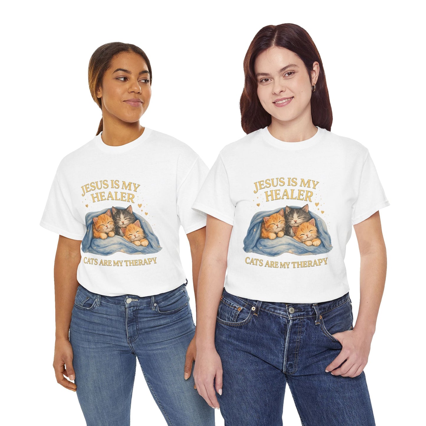 Christian Cat T-Shirt — Jesus Is My Healer, Cats Are My Therapy Cute Faith & Pet Tee