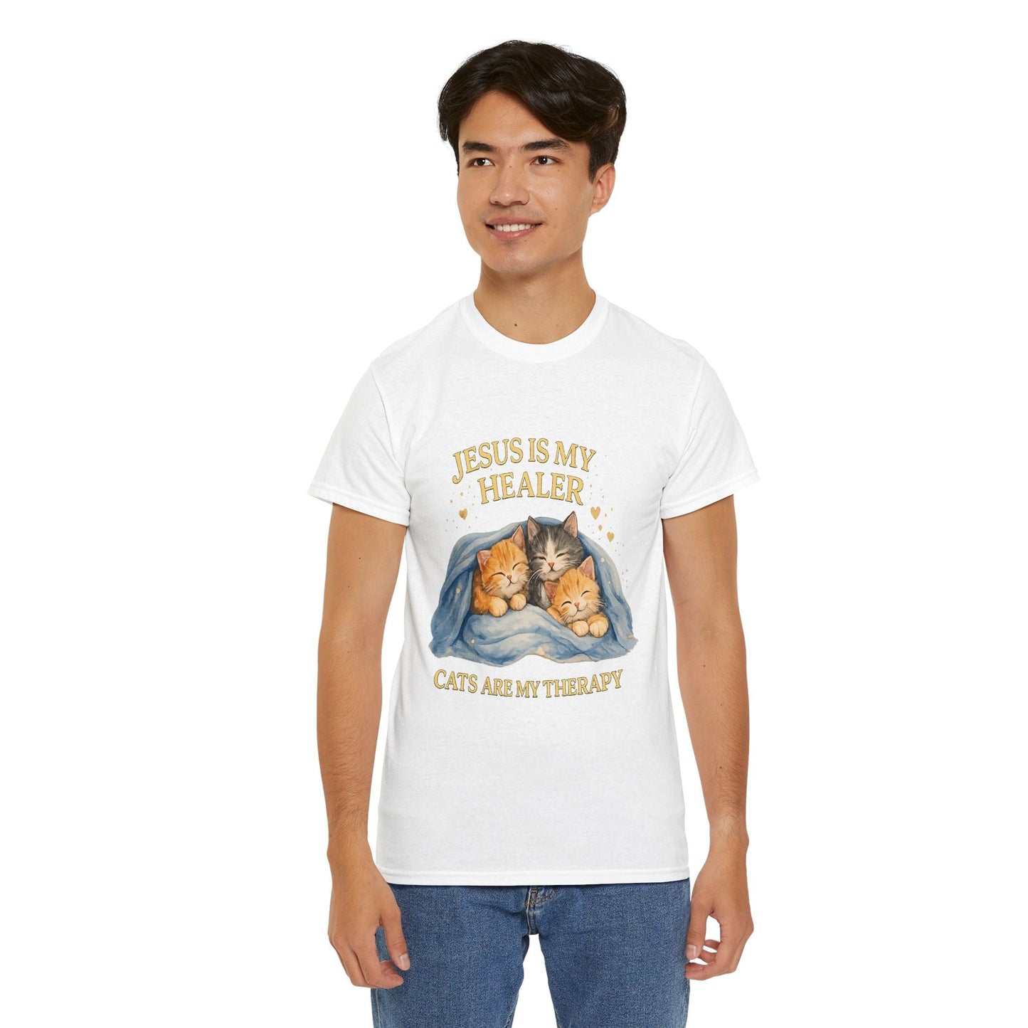 Christian Cat T-Shirt — Jesus Is My Healer, Cats Are My Therapy Cute Faith & Pet Tee