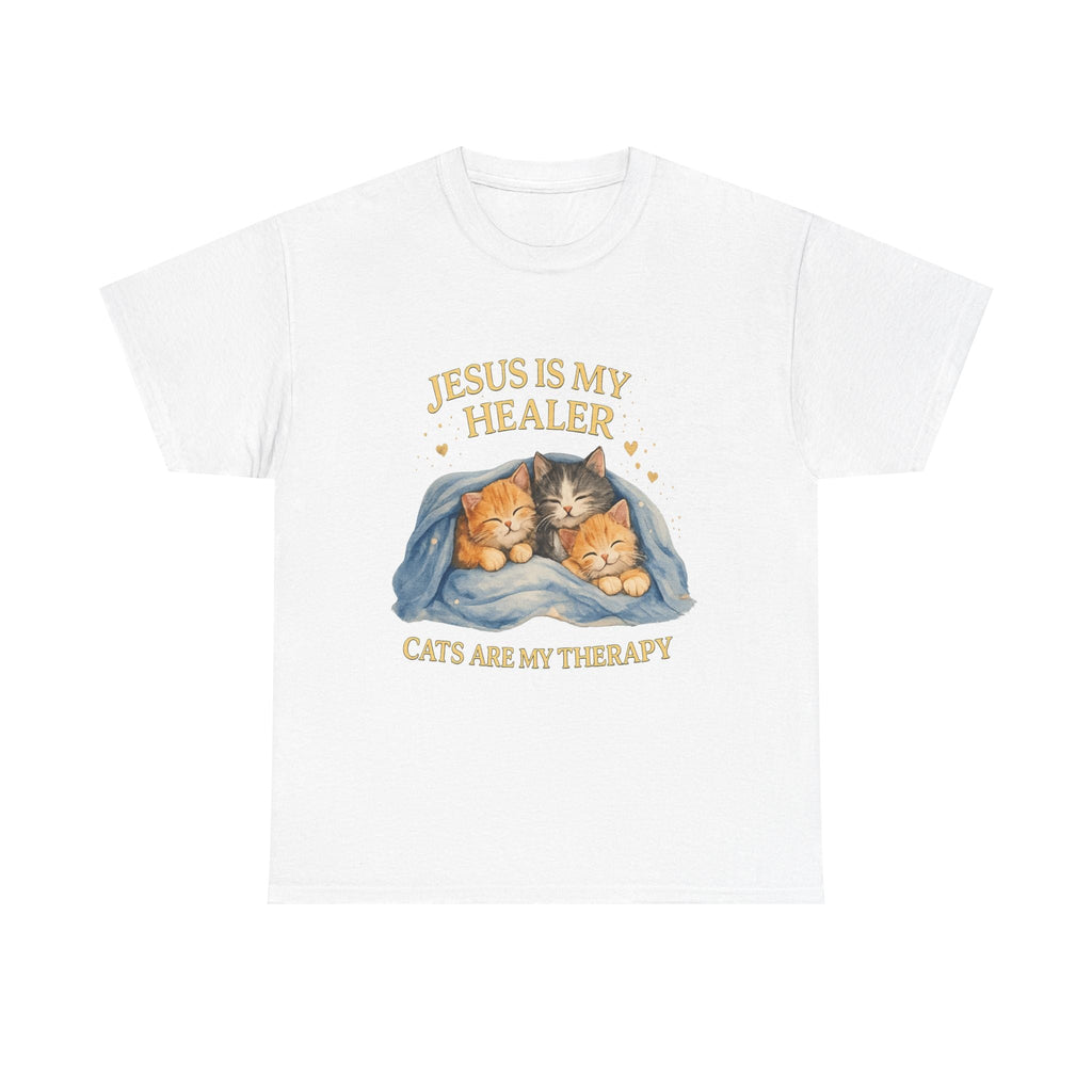 T-Shirt Gatto Cristiano — Gesù è il mio Guaritore, i Gatti sono la mia Terapia Maglietta Carina per la Fede e gli Animali Domestici