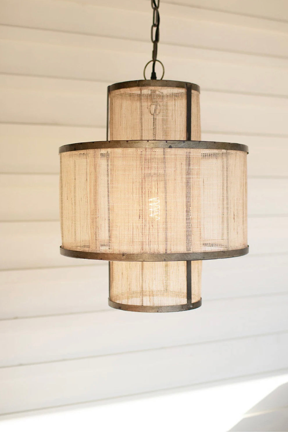 Round Double Layered Woven Fiber and Metal Pendant Light