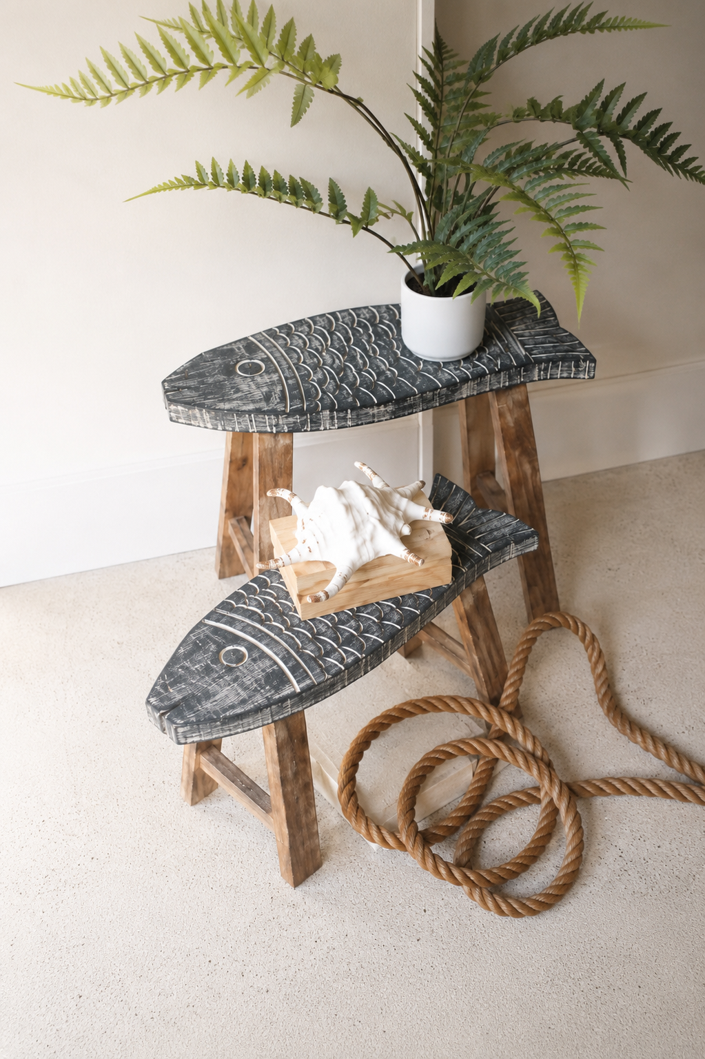 Set of 2 Wooden Fish Stools