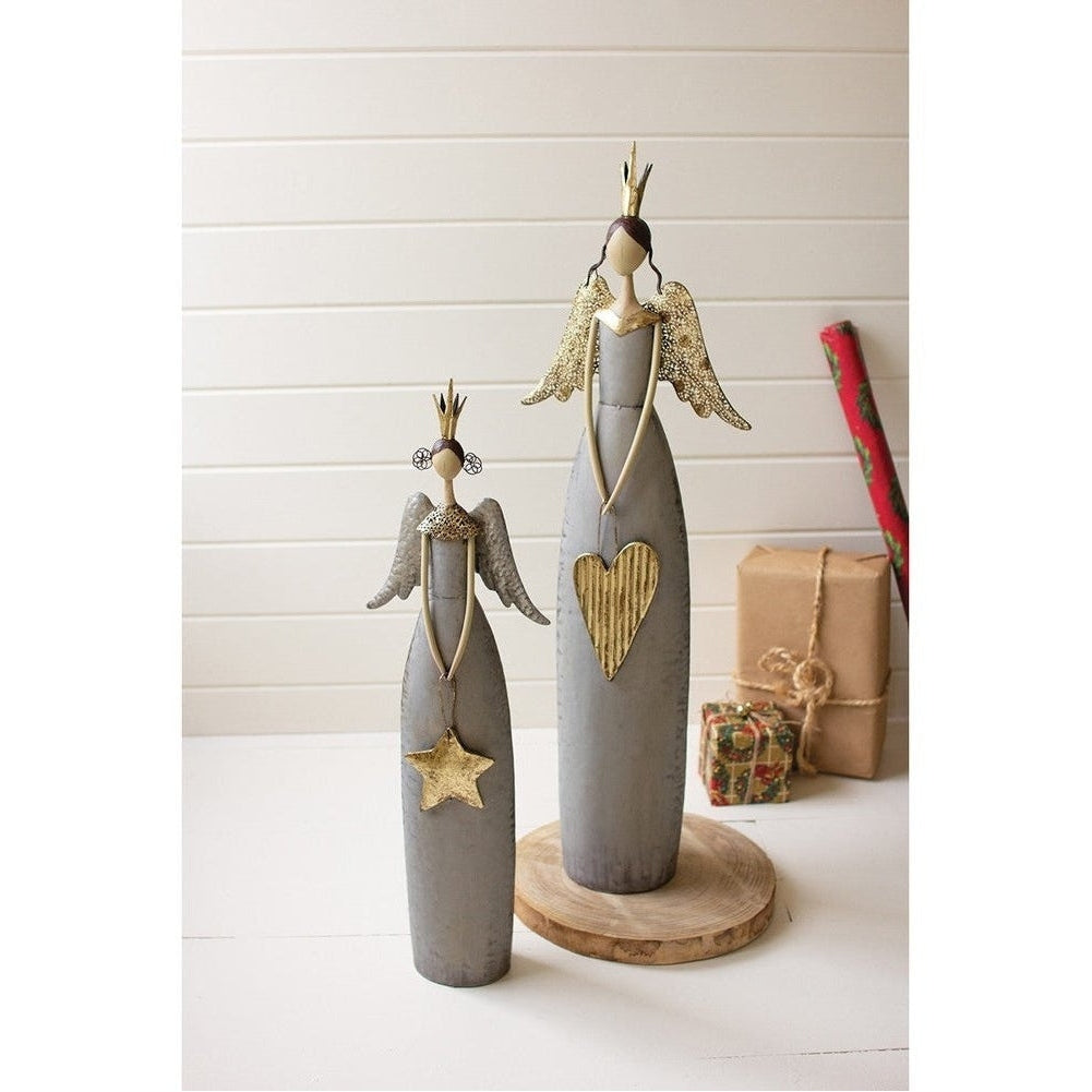 Set of 2 Gold and Grey Christmas Angels Holding a Heart and Star