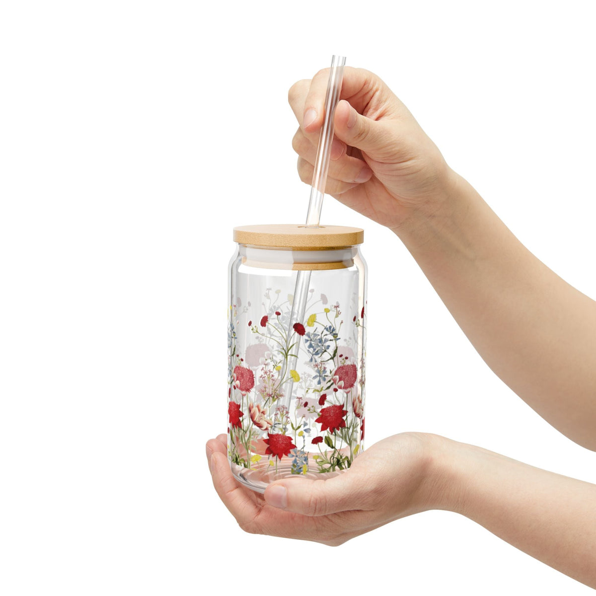 Bicchiere Fatto a Mano con Motivo Floreale e Cannuccia, con Fiori Selvatici ad Acquerello – Delicato Set da Tavola per Amanti della Natura