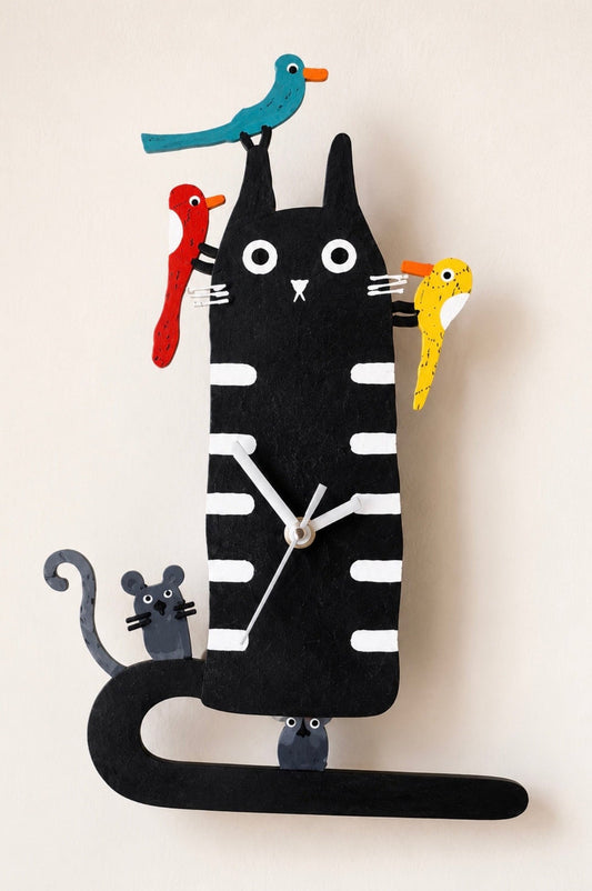 Hand-Painted Black Cat Wall Clock with Moving Pendulum
