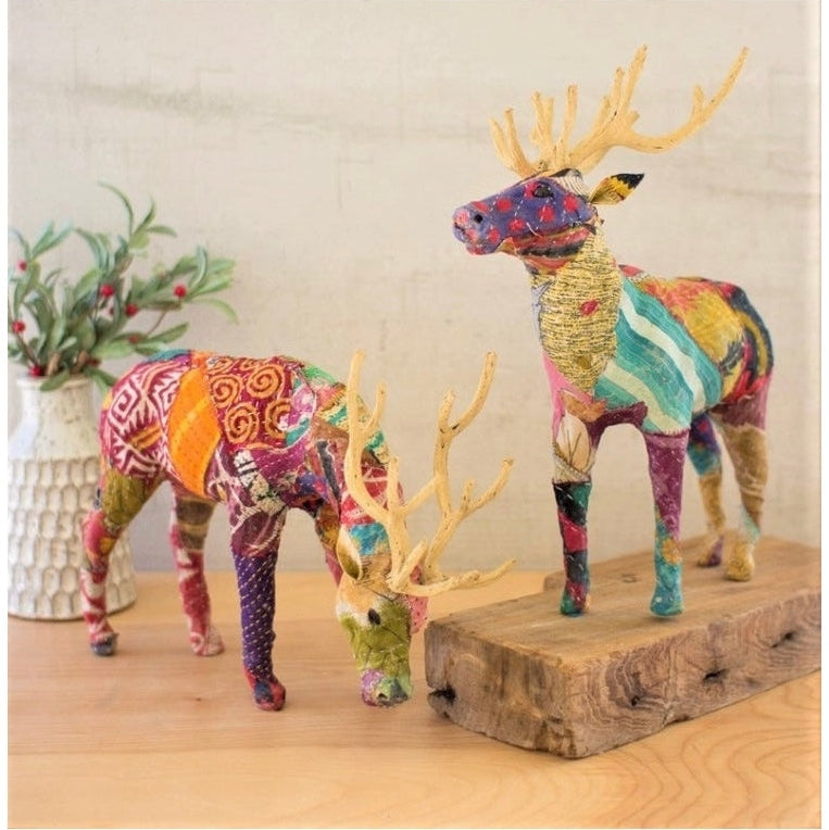 Pair of Reindeer Tabletop Decor with Kantha Covering