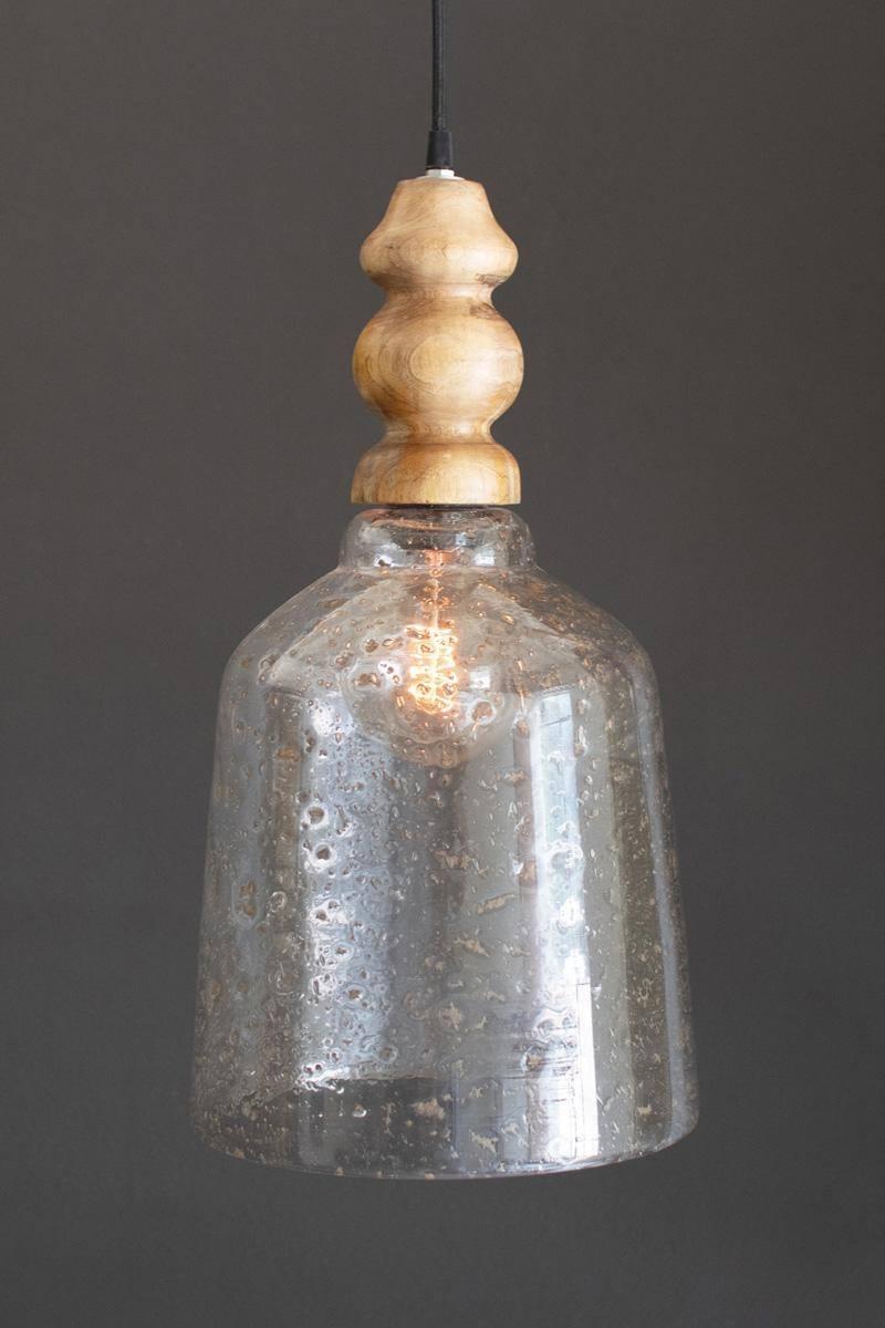 Lampada a Sospensione in Vetro Zigrinato Trasparente con Terminale in Legno