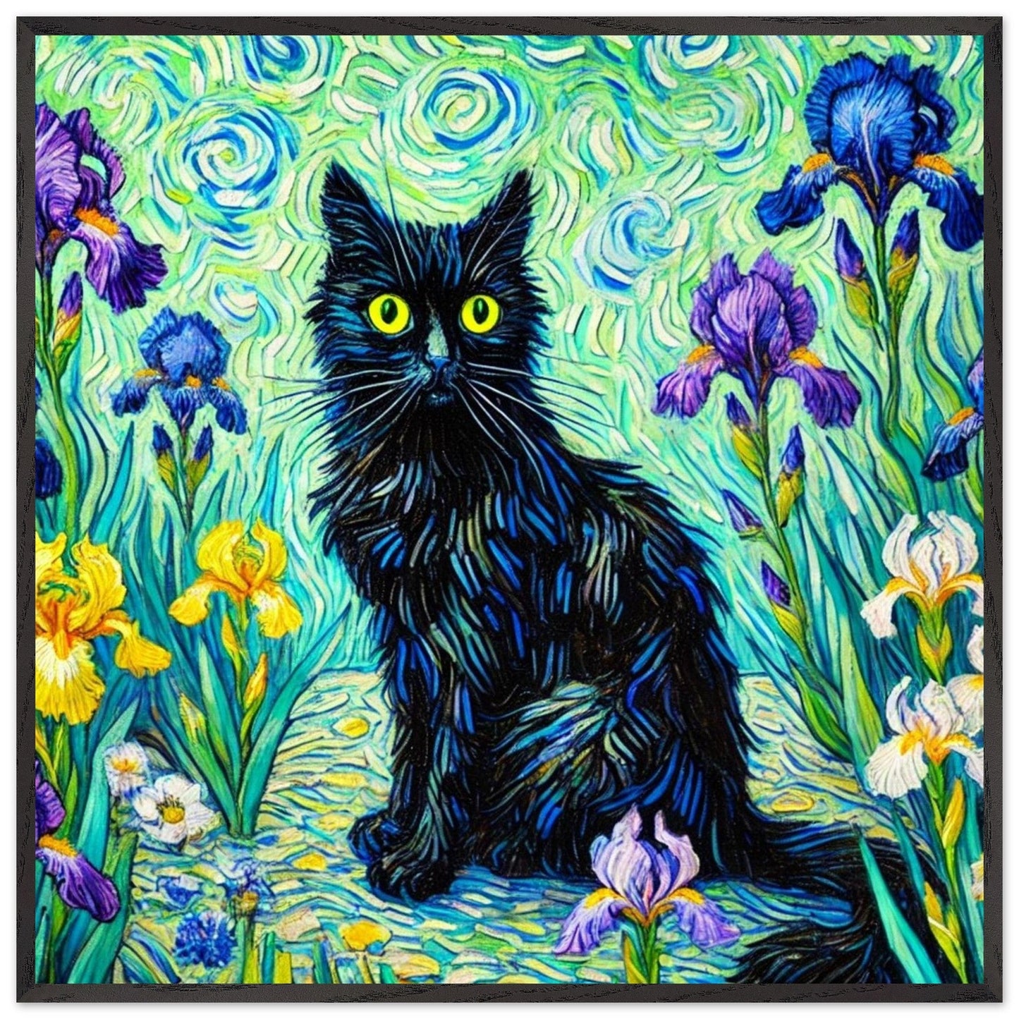 Van Gogh-Inspired Black Cat Framed - Vibrant Iris Garden Fine Art Print