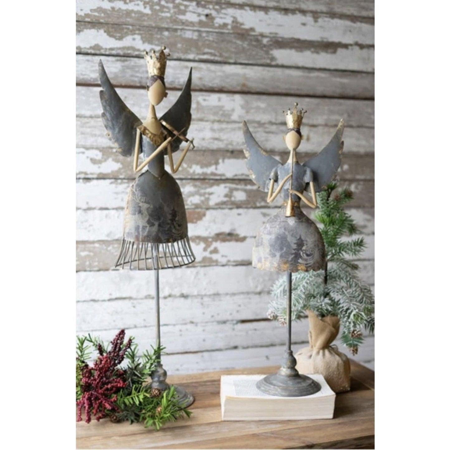 Pair of Metal Angels Harmonizing with Musical Instruments