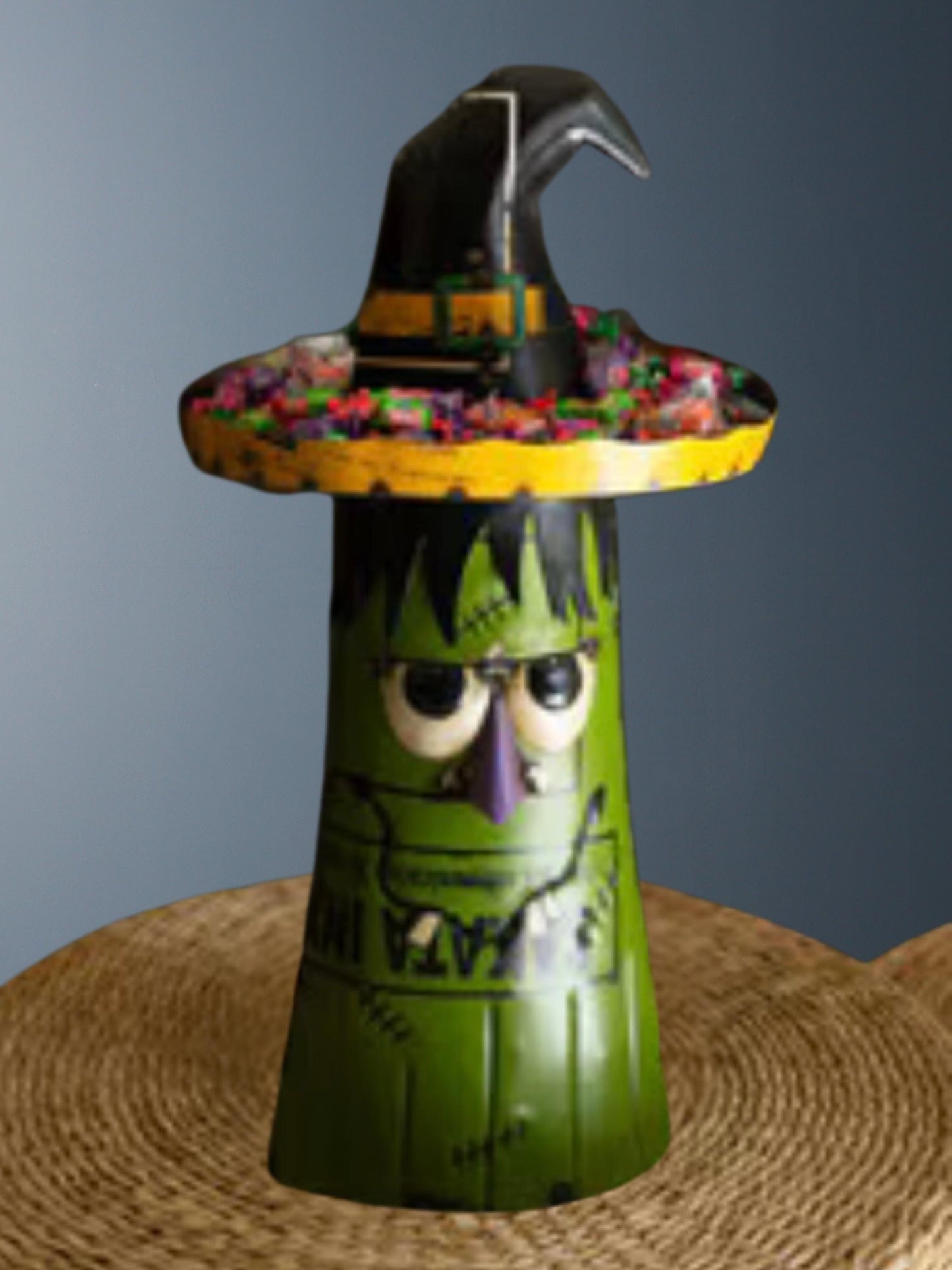 Recycled Metal Green Ghost Wearing a Candy Bowl Hat
