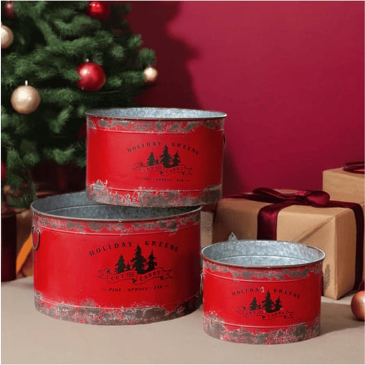 Antique Red Metal Tree Pots, Set of 3